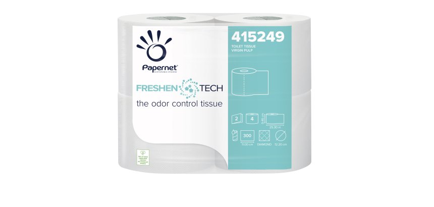 Carta igienica classica Freshen Tech - 2 veli - 300 strappi - diametro 12,2 cm - 9,5 cm x 33,3 mt - Papernet - pacco 4 rotoli