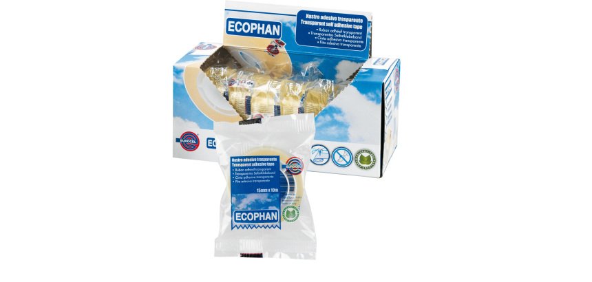 Nastro adesivo Ecophan - confezionato singolarmente - 15 mm x 10 m - acrilico - trasparente - Eurocel