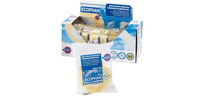 Nastro adesivo Ecophan - confezionato singolarmente - 15 mm x 33 m - acrilico - trasparente - Eurocel