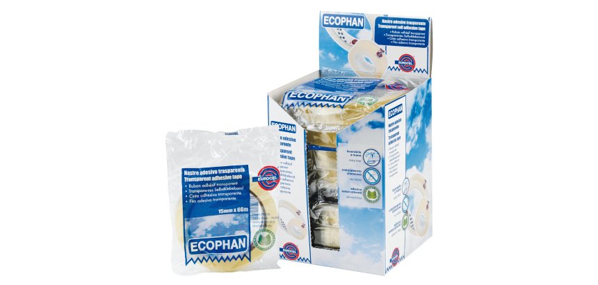 Nastro adesivo Ecophan - confezionato singolarmente - 15 mm x 66 m - acrilico - trasparente - Eurocel