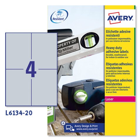 AVERY Etichette resistenti in poliestere argento 105x148mm, 4 etichette per foglio, adesivo permanente, laser, 20 fogli