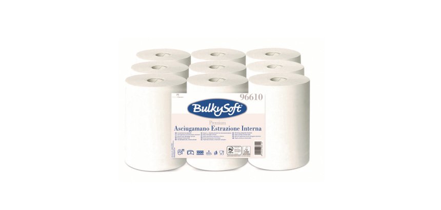 Asciugamani in rotolo Premium - Mini - 215 mm x 60 mt - diametro 13 cm - 2 veli - 19 gr - 200 strappi - goffratura micro - bianco - BulkySoft