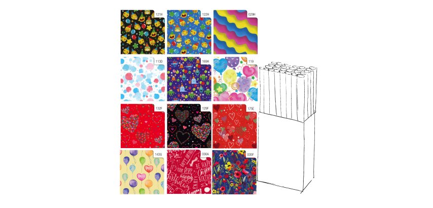 Carta regalo - raso - Fantasia - 200 x 70 cm - Rex Sadoch - expo da 50 rotoli