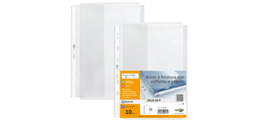 Buste forate ATLA GS P - 21 x 29,7 cm - PP - c/soffietto e patella - trasparente buccia - Sei Rota - conf. 10 pezzi