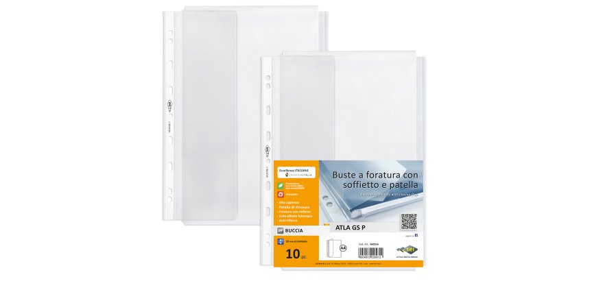 Buste forate ATLA GS P - 21 x 29,7 cm - PP - c/soffietto e patella - trasparente buccia - Sei Rota - conf. 10 pezzi