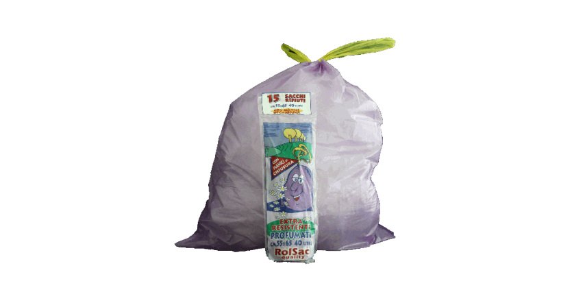 Sacchi - 55 x 65 cm - 44 L - 18 micron - con maniglie - MDPE/HDPE - viola - Rolsac - conf. 15 pezzi