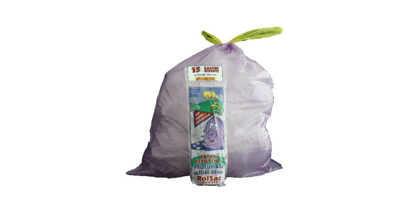 Sacchi - 55 x 65 cm - 44 L - 18 micron - con maniglie - MDPE/HDPE - viola - Rolsac - conf. 15 pezzi