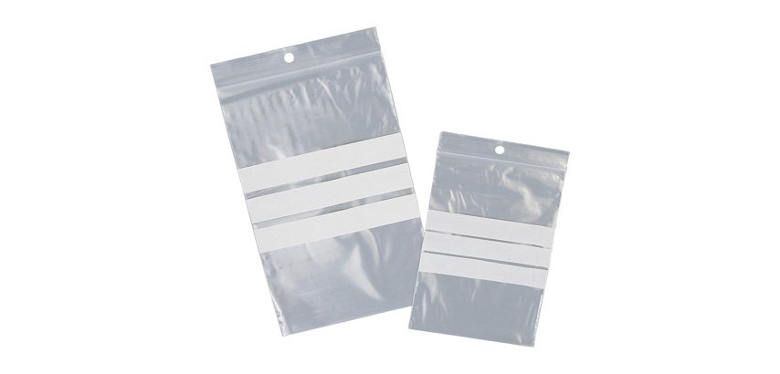 Sacchetti zip - con bande scrivibili e foro - 15 x 22 cm - 50 micron - LDPE - Viva - conf. 100 pezzi