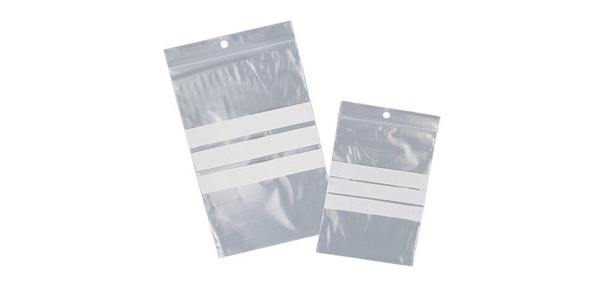 Sacchetto zip - con bande scrivibili e foro - 12 x 17 cm - 50 micron - LDPE - Viva - conf. 100 pezzi