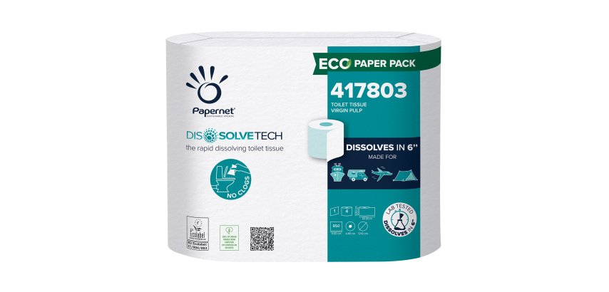 Carta igienica DissolveTech - 9,5 cm x 94 mt - diametro 12,1 cm - 850 strappi - Papernet - pacco 4 rotoli