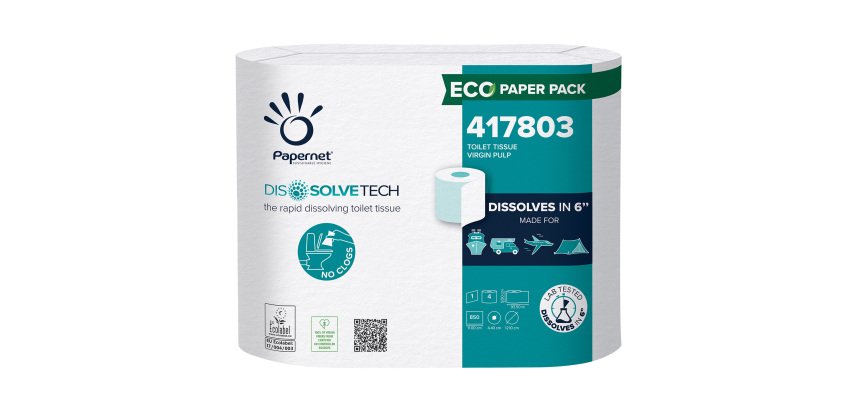 Carta igienica DissolveTech - 9,5 cm x 94 mt - diametro 12,1 cm - 850 strappi - Papernet - pacco 4 rotoli
