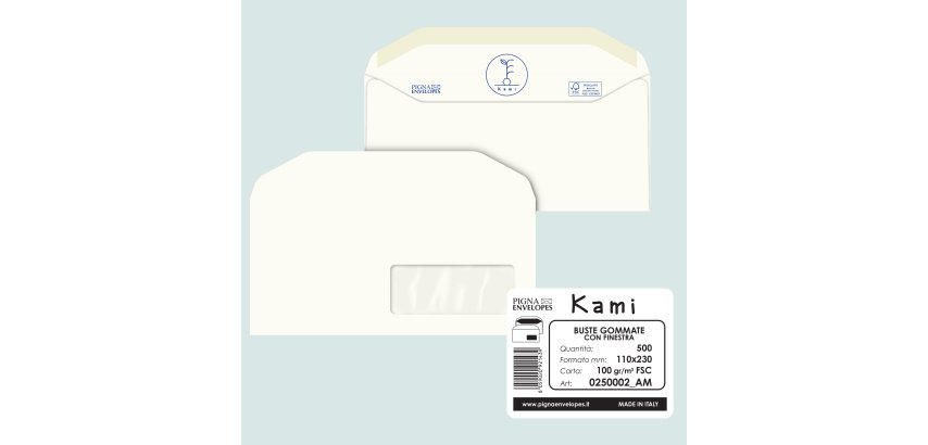 Busta Kami Gommata - con finestra - 11 x 23 cm - 100 gr - carta riciclata FSC - bianco - Pigna Envelopes - conf. 500 pezzi