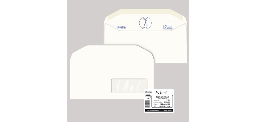 Busta Kami Gommata - con finestra - 11 x 23 cm - 100 gr - carta riciclata FSC - bianco - Pigna Envelopes - conf. 500 pezzi