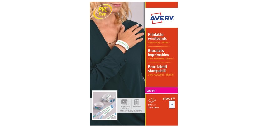 Braccialetti identificativi stampabili - 5 fogli - 10 et/fg - A4 - PE - bianco - Avery