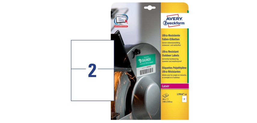 AVERY Etichette ultra resistenti in polietilene bianco 210 x 148mm, 2 etichette per foglio, adesivo permanente, laser, 10 fogli
