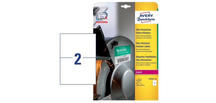 AVERY Etichette ultra resistenti in polietilene bianco 210 x 148mm, 2 etichette per foglio, adesivo permanente, laser, 10 fogli