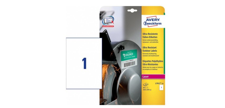 AVERY Etichette ultra resistenti in polietilene bianco 210x297mm, 1 etichetta per foglio, adesivo permanente, laser, 10 fogli