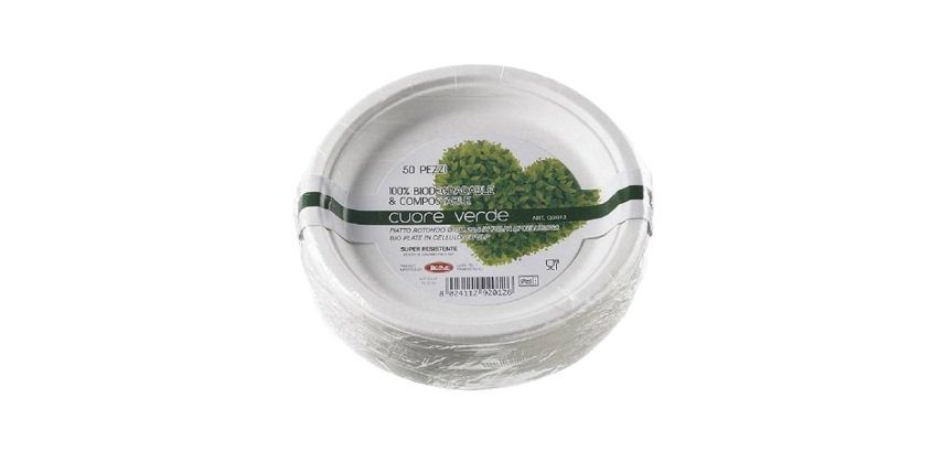Piatto piano monouso Bio - rotondo - diametro 18 cm - cellulosa/canna da zucchero - bianco - Leone - conf. 50 pezzi