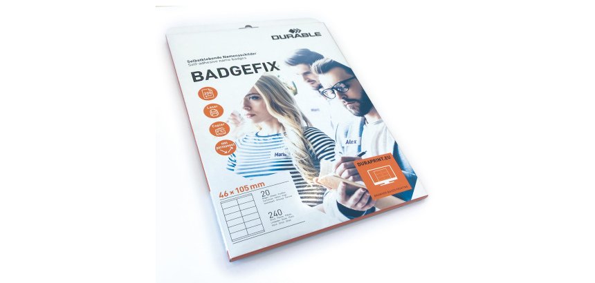 Badge adesivi Badgefix - 20 fogli con 12 badge 46x105 mm - Durable