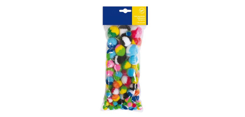 Pompon a strisce - 10-35 mm - colori assortiti - DECO - busta 100 pezzi