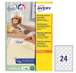 AVERY Etichette in carta bianca Ø 37 mm, 24 etichette per foglio, adesivo rimovibile, laser e inkjet, 25 fogli