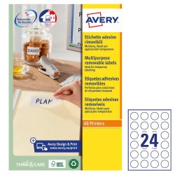 AVERY Etichette in carta bianca Ø 37 mm, 24 etichette per foglio, adesivo rimovibile, laser e inkjet, 25 fogli