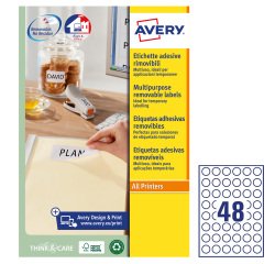 AVERY Etichette in carta bianca Ø 25 mm, 48 etichette per foglio, adesivo rimovibile, laser e inkjet, 25 fogli