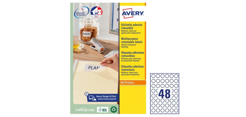 AVERY Etichette in carta bianca Ø 25 mm, 48 etichette per foglio, adesivo rimovibile, laser e inkjet, 25 fogli