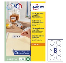 AVERY Etichette in carta bianca Ø 63,5 mm, 8 etichette per foglio, adesivo rimovibile, laser e inkjet, 25 fogli