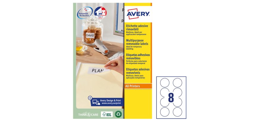 AVERY Etichette in carta bianca Ø 63,5 mm, 8 etichette per foglio, adesivo rimovibile, laser e inkjet, 25 fogli