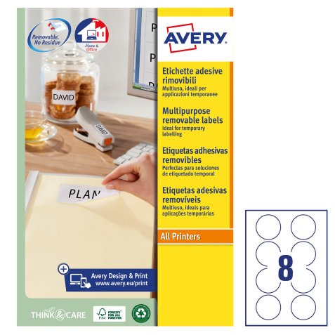 AVERY Etichette in carta bianca Ø 63,5 mm, 8 etichette per foglio, adesivo rimovibile, laser e inkjet, 25 fogli