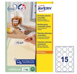 AVERY Etichette in carta bianca Ø 51 mm, 15 etichette per foglio, adesivo rimovibile, laser e inkjet, 25 fogli