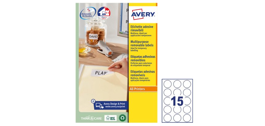 AVERY Etichette in carta bianca Ø 51 mm, 15 etichette per foglio, adesivo rimovibile, laser e inkjet, 25 fogli