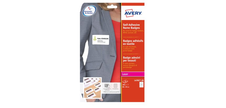 AVERY Badge adesivi per tessuti in seta acetata 80x50mm, 10 badge per foglio, rimovibili, laser, 20 fogli