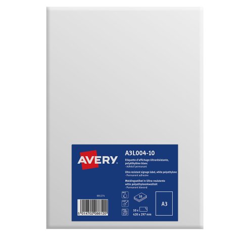 AVERY Etichette in teslin bianco resistente, A3, adesivo permanente, Laser/Inkjet/HP Indigo, 10 fogli