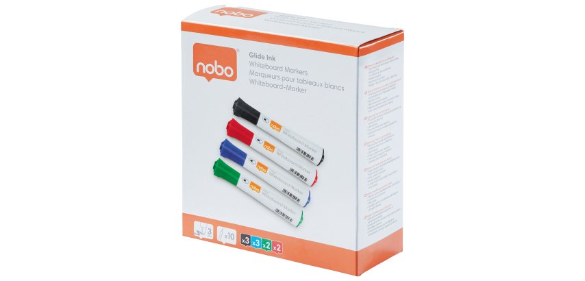 Pennarelli Glide per lavagne bianche -  punta tonda - colori assortiti - Nobo - astuccio 10 pezzi