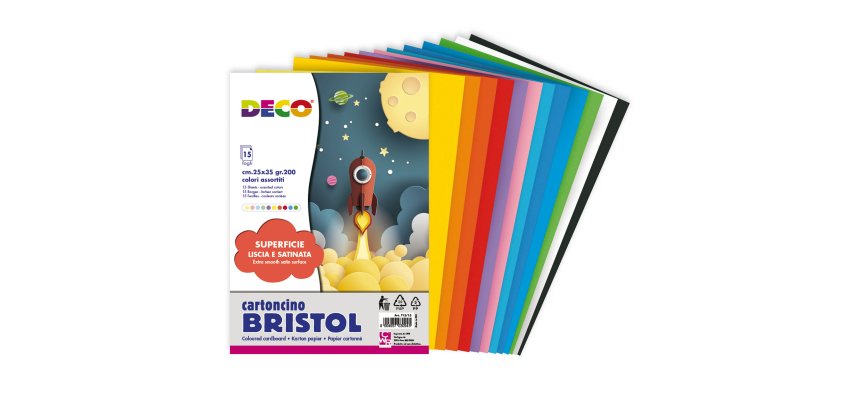 Cartoncino Bristol - 25 x 35 cm - 200 gr - colori assortiti - 15 fogli - Deco
