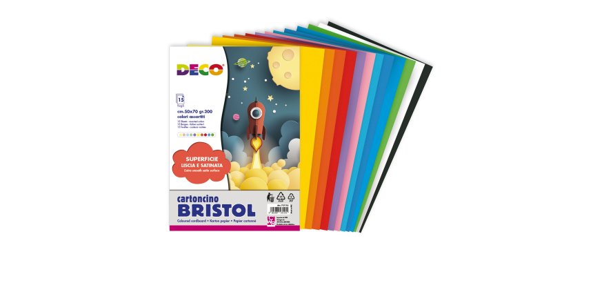 Cartoncino Bristol - 50 x 70 cm - 200 gr - colori assortiti - 15 fogli - Deco