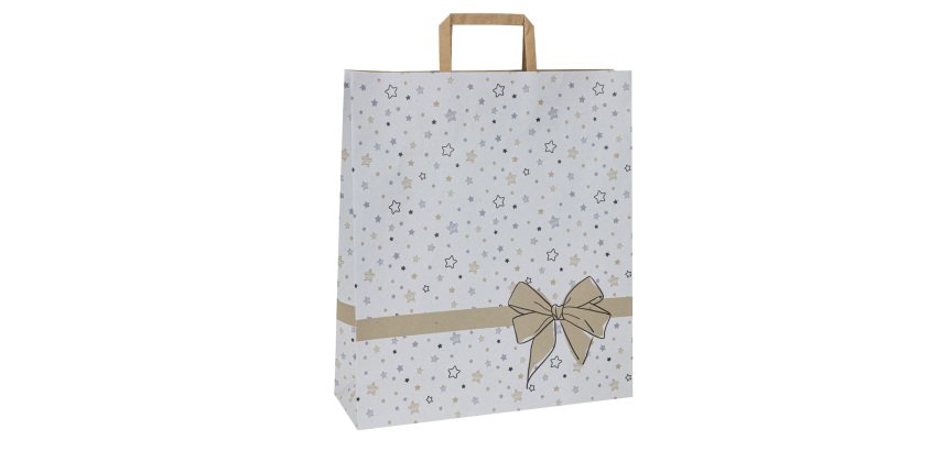 Shoppers - maniglie piattina - 26 x 11 x 34,5 cm - carta kraft - stars bianco - Mainetti Bags - conf. 25 pezzi