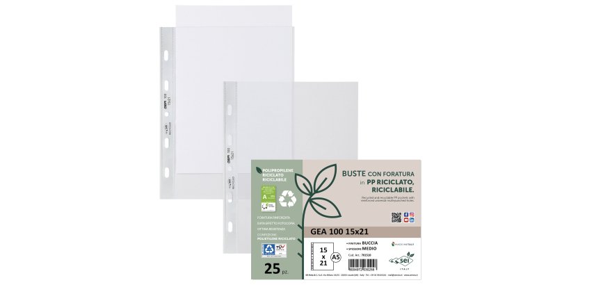 Buste forate Gea 100 - PP riciclato - buccia medium - 15 x 21 cm - Sei rota - conf. 25 pezzi