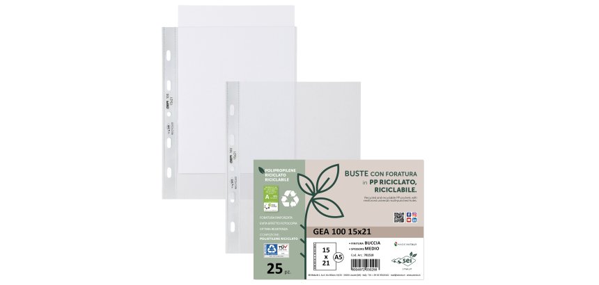 Buste forate Gea 100 - PP riciclato - buccia medium - 15 x 21 cm - Sei rota - conf. 25 pezzi