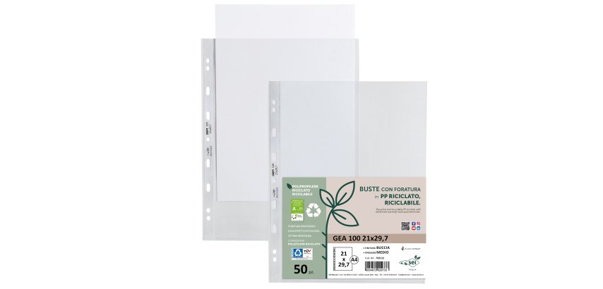 Buste forate Gea 100 - PP riciclato - buccia medium - 21 x 29,7 cm - Sei rota - conf. 50 pezzi
