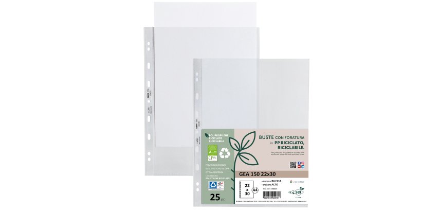 Buste forate Gea 150 - PP riciclato - buccia pesante - 22 x 30 cm - Sei rota - conf. 25 pezzi