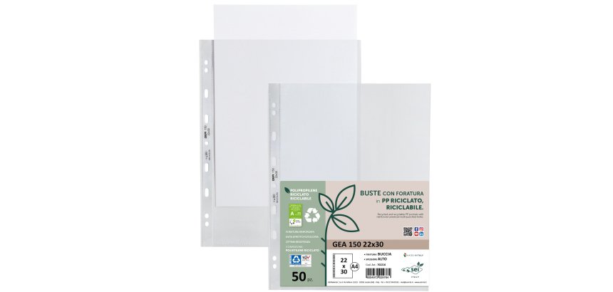 Buste forate Gea 150 - PP riciclato - buccia pesante - 22 x 30 cm - Sei rota - conf. 50 pezzi