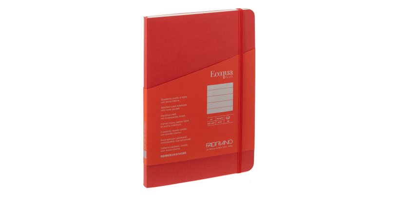Taccuino Ecoqua Plus - con elastico - rilegatura cucita - A5 - 5 mm - 80 fogli - righe - lampone - Fabriano