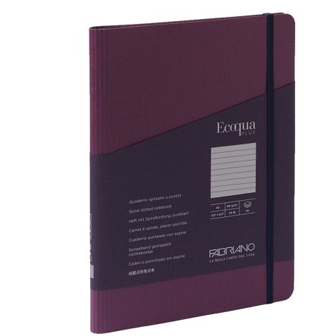 Taccuino Ecoqua Plus - con elastico - spiralato - A5 - 70 fogli - righe - vino - Fabriano