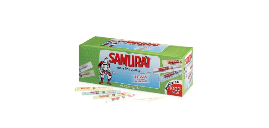 Stuzzicadente - doppia punta - in betulla - imbustato singolarmente - Samurai Party - conf. 1000 pezzi