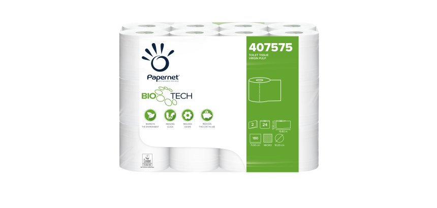 Carta igienica classica BioTech - 180 strappi - 2 veli - 19,80 mt - Papernet - conf. 24 rotoli