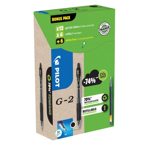 Penna roller gel scatto G-2 - punta 0,7 mm - 12 refill inclusi - nero - Pilot - conf. 12 pezzi