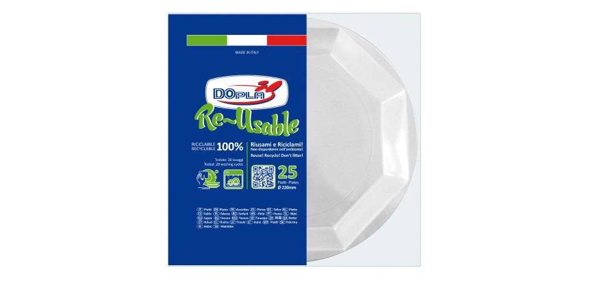 Piatto piano riutilizzabile - ottagonale - diametro 22 cm - PS reuse - bianco - Dopla - conf. 25 pezzi